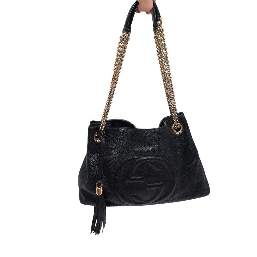 Gucci Soho GG Logo Chain Strap Shoulder Bag Black Pebbled Leather Women's OS